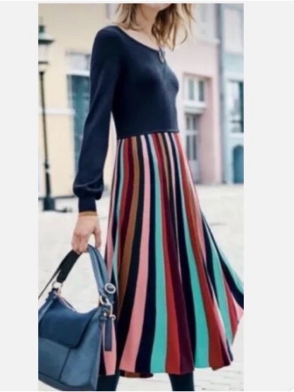 BODEN Margie Rainbow Fit & Flare Knit Midi Dress. Long-sleeve